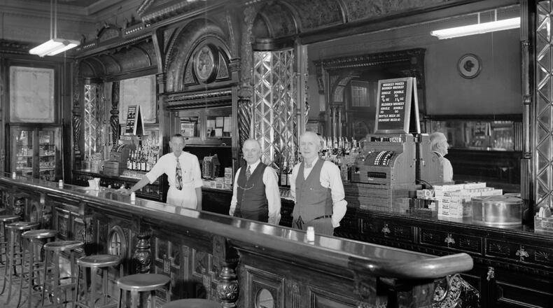 A view of the bar, circa 1952, built for the Pony House Restaurant in 1882 by woodworkers for Dayton's Barney & Smith Car Company. PHOTO: DAYTON HISTORY