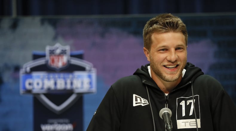 Dayton tight end Adam Trautman speaks during a press conference at the NFL football scouting combine in Indianapolis, Tuesday, Feb. 25, 2020. (AP Photo/Charlie Neibergall)