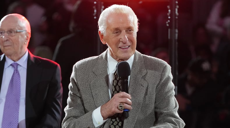 Former Miami Heat head coach Pat Riley recalls the 2006 season when the team won the NBA championship during a half time celebration Tuesday, Feb. 3, 2026, in Miami. (AP Photo/Marta Lavandier)