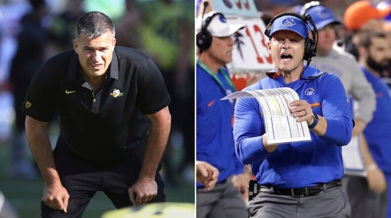 Oregon co-offensive coordinator Mario Cristobal watches a special team warmup drill before Oregon's game against Utah in an NCAA college football game Saturday, Oct. 28, 2017, in Eugene, Ore. (AP Photo/Chris Pietsch)Boise State head coach Bryan Harsin yells to the official during the first half of the Cactus Bowl NCAA college football game against Baylor, Tuesday, Dec. 27, 2016, in Phoenix. (AP Photo/Matt York)
