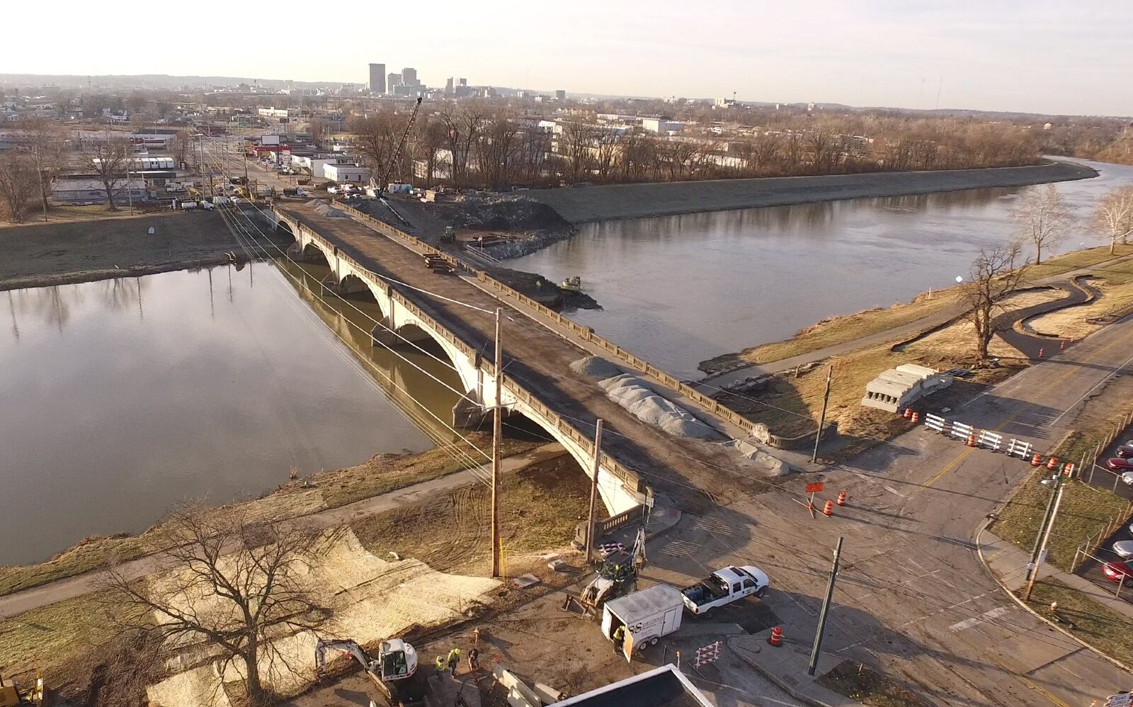 Contractors have completed a detour for users of the Great Miami River Recreational Trail on the north side of the Keowee Street Bridge.  The bridge was closed to traffic in December and the Eagle Bridge Company is preparing to demolish the 81-year-old structure and rebuild a new bridge over the next two years.  The Great Miami River Recreational Trail passes under the north side of the Keowee Street Bridge along the river.  The short detour of the Great Miami River Recreational Trail ramps up to Embury Park Road and crosses North Dixie Drive on the north side of the bridge with a length of about one thousand feet.   TY GREENLEES / STAFF