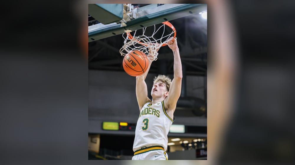 Wright State sophomore guard Dominic Pangonis dunks in the first half of a season opener against Franklin College on Monday, Nov. 3 at Ervin J. Nutter Center in Fairborn. BRYANT BILLING/STAFF