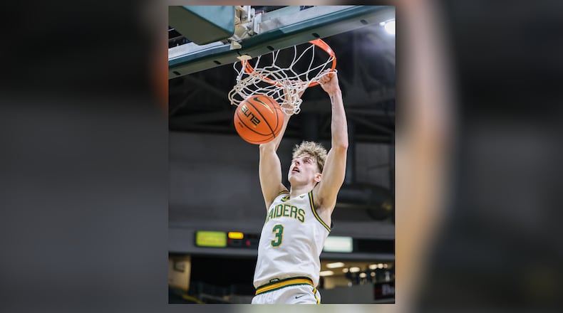 Wright State sophomore guard Dominic Pangonis dunks in the first half of a season opener against Franklin College on Monday, Nov. 3 at Ervin J. Nutter Center in Fairborn. BRYANT BILLING/STAFF