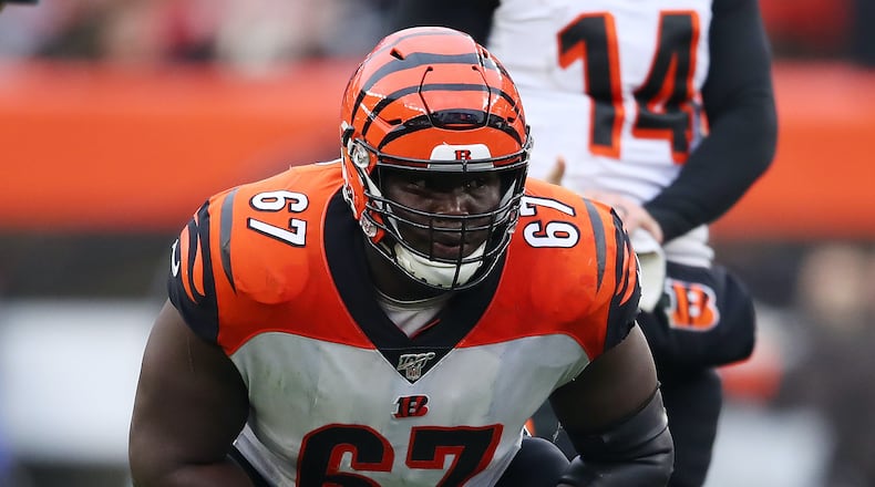 CLEVELAND, OHIO - DECEMBER 08: John Miller #67 of the Cincinnati Bengals plays against the  Cleveland Browns at FirstEnergy Stadium on December 08, 2019 in Cleveland, Ohio. (Photo by Gregory Shamus/Getty Images)