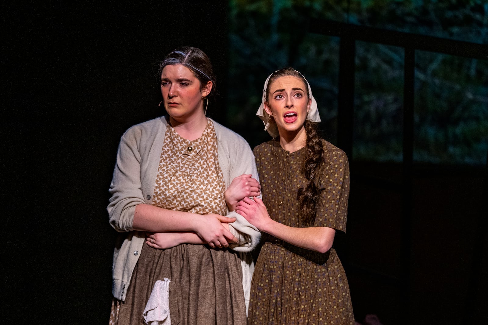 Corina Peppo (left as Margaret Thomas) and Evvy Kenniv (Rose) in Cedarville University's collegiate premiere of "Horizons of Gold." Photo courtesy of Cedarville University Theatre