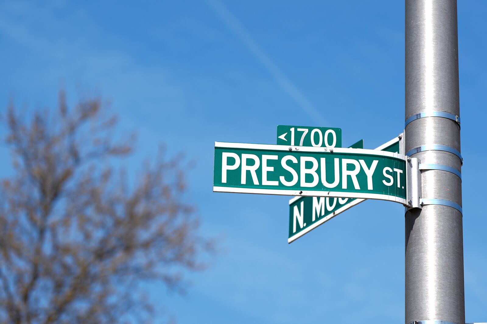 A street sign identifying the 1700 block of Presbury Street is seen, Monday, April 14, 2025, in the Sandtown-Winchester neighborhood in Baltimore, where Freddie Gray was arrested before his subsequent death in 2015. (AP Photo/Stephanie Scarbrough)