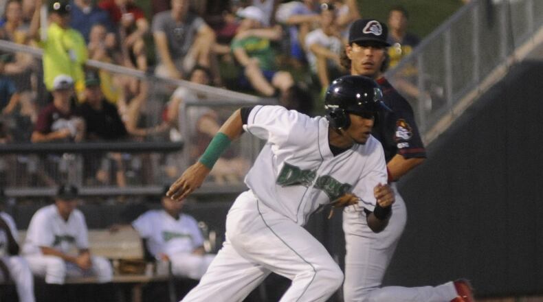 Jose Siri gets caught in a rundown. The Dragons defeated the visiting Peoria Chiefs (Cardinals) 8-5 at Dayton’s Fifth Third Field on Wednesday, July 19, 2017. MARC PENDLETON / STAFF