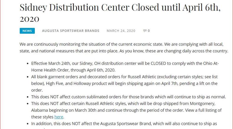 Augusta Sportswear press release