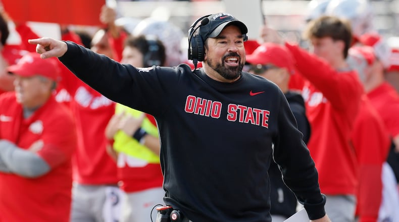 Ohio State head coach Ryan Day shouts to his team against Rutgers during the first half of an NCAA college football game, Saturday, Nov. 22, 2025, in Columbus, Ohio. (AP Photo/Jay LaPrete)