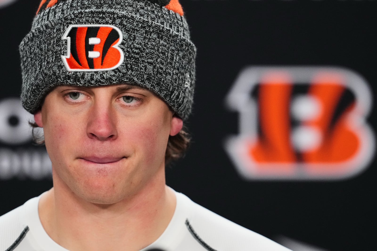 Cincinnati Bengals quarterback Joe Burrow speaks during a press conference after an NFL football game against the Baltimore Ravens, Sunday, Dec. 14, 2025, in Cincinnati. (AP Photo/Jeff Dean)
