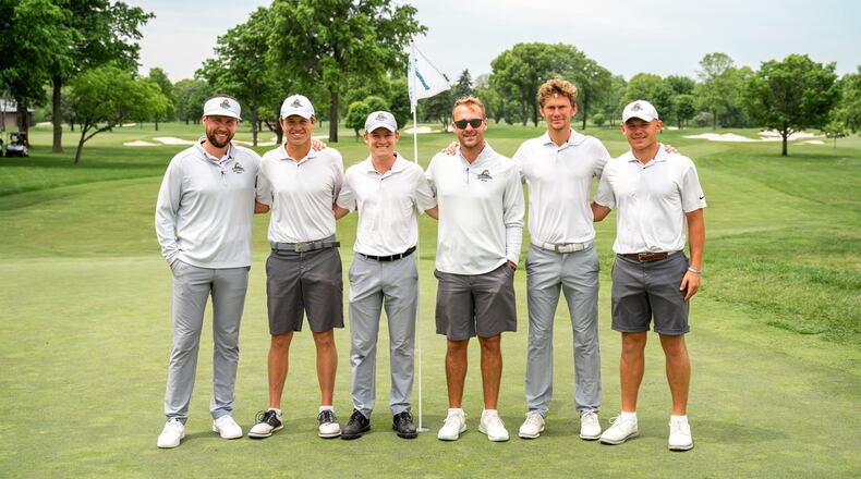 Wright State's golf team finished a program-best ninth Wednesday in the NCAA Columbus Regional at Ohio State's Scarlet Course. Pictured from left, coach Conner Lash, Davis Root, Tyler Goecke, Bryce Haney, Mikkel Mathiesen and Cole Corder. Matthew Barnes, Wright State Athletics photo