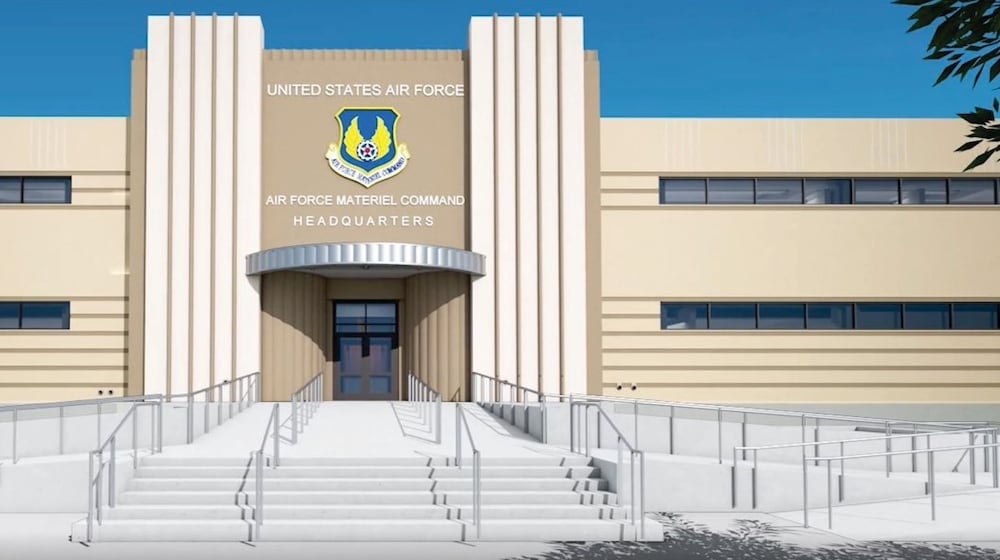 The east entrance of the Air Force Materiel Command headquarters building will receive a modern upgrade, featuring an accessible entryway, as part of the ongoing building renovation process. (Air Force Materiel Command image.)