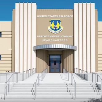 The east entrance of the Air Force Materiel Command headquarters building will receive a modern upgrade, featuring an accessible entryway, as part of the ongoing building renovation process. (Air Force Materiel Command image.)