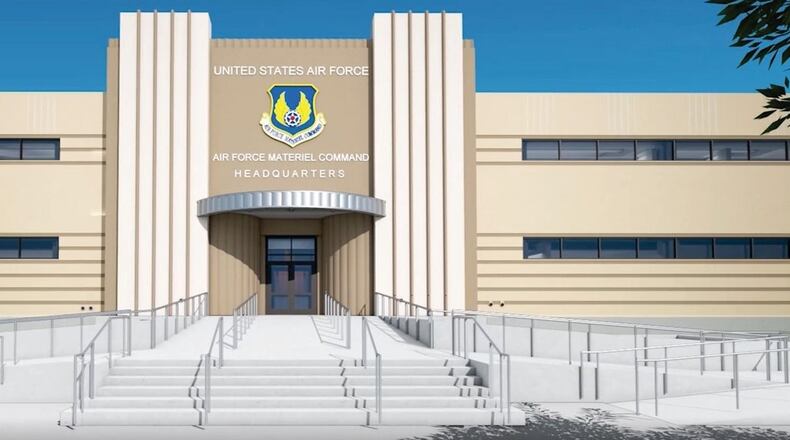 The east entrance of the Air Force Materiel Command headquarters building at Wright-Patterson Air Force Base is slated to receive a modern upgrade, featuring an accessible entryway, as part of the ongoing building renovation process. (Air Force Materiel Command image.)