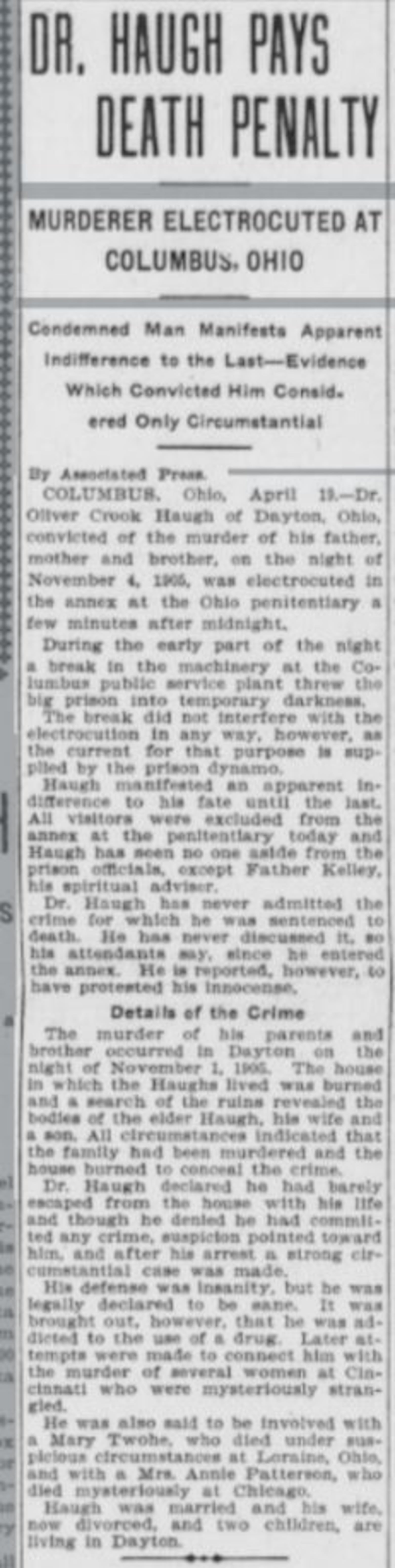 Dayton Daily News article about the death of Oliver C. Haugh. CONTRIBUTED