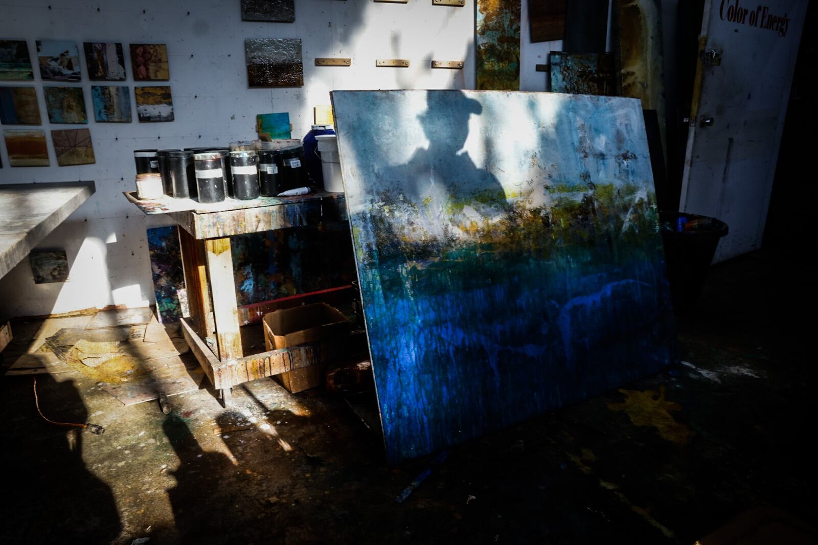 Artist Mike Elsass' studio at Front Street in Dayton, pictured in November 2022. Elsass uses acrylic paint on steel. JIM NOELKER/STAFF FILE