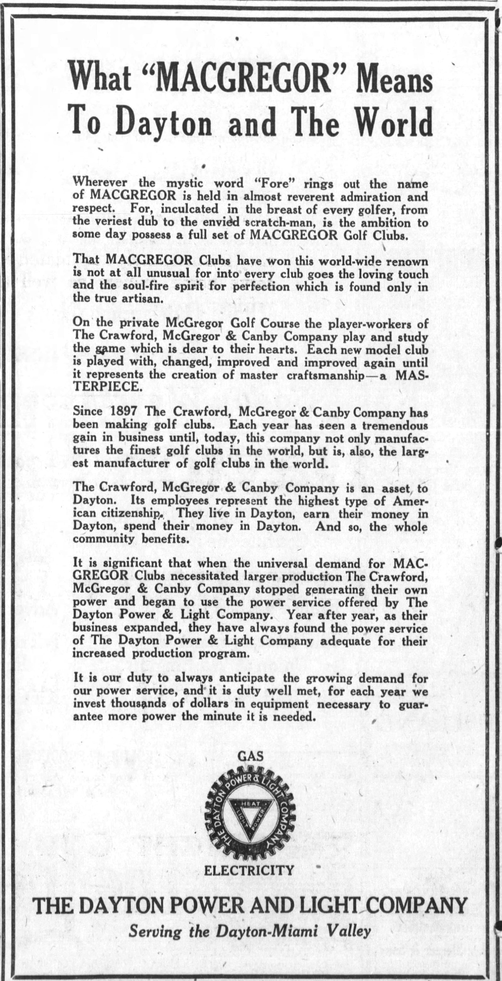 1925 ad in the Dayton Daily News by the Dayton Power and Light Company on behalf of MacGregor golf clubs. DAYTON DAILY NEWS ARCHIVES