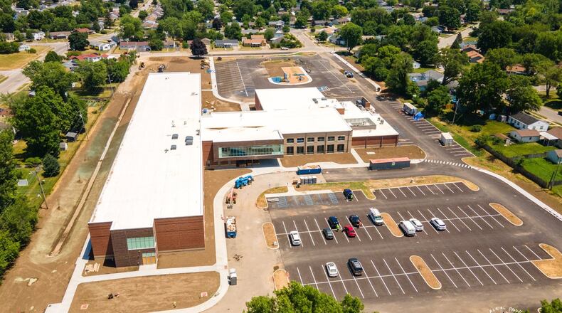 Final construction steps for the new Fairborn Intermediate school are slightly behind, leading the school district to move its start date back to Sept. 6, 2022. Contributed photo by Mark Rickert, Busy Bee Aerial Productions LLC