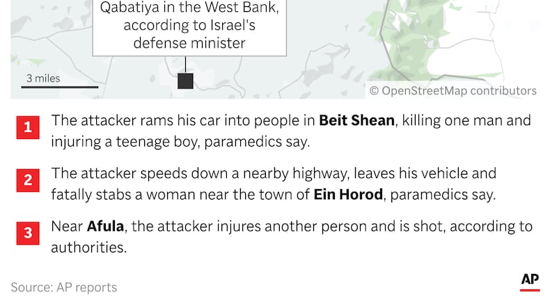 The path of a the assailant who rammed and stabbed people in northern Israel Friday. (AP Digital Embed)