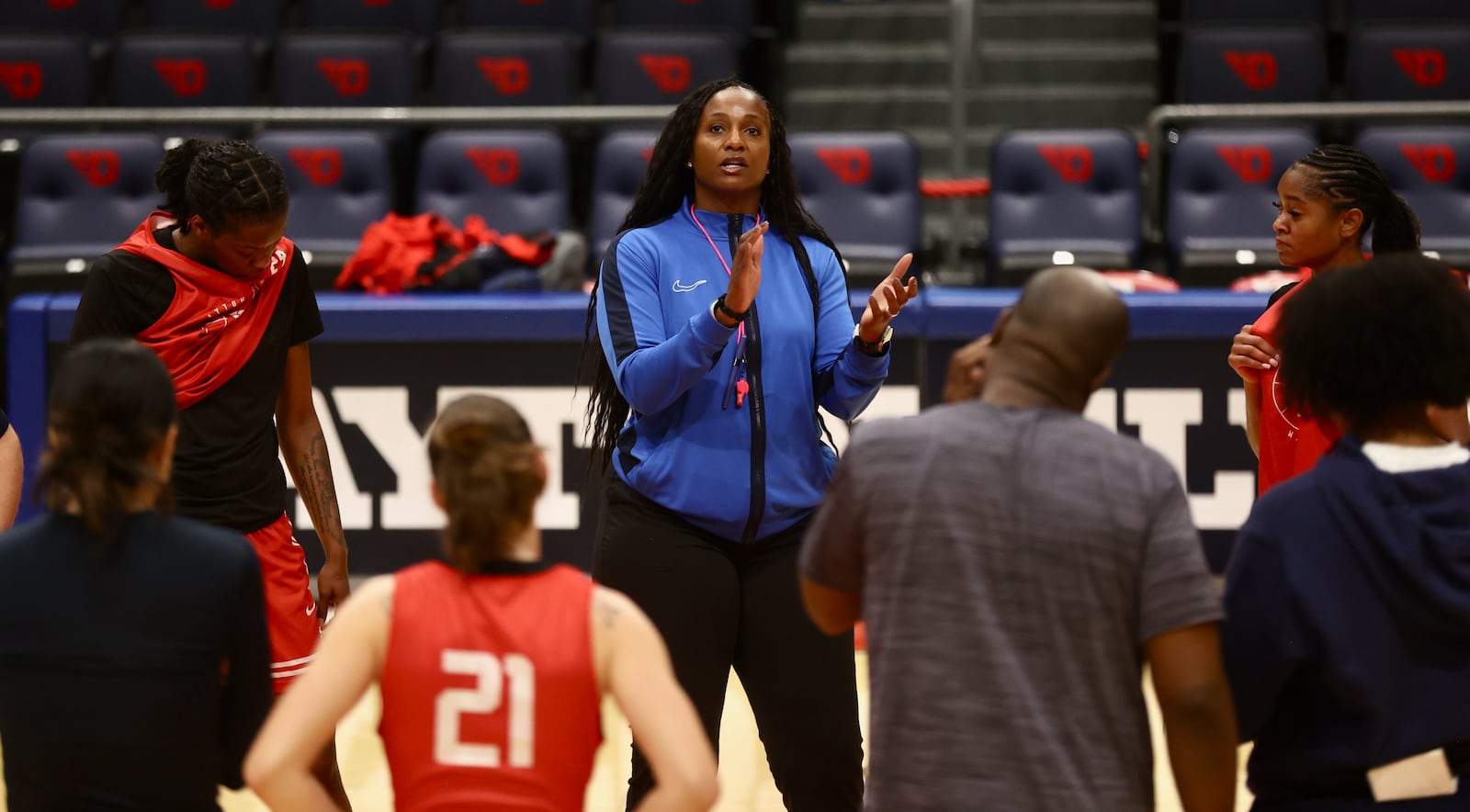 Dayton's Tamika Williams-Jeter talks to her team during practice on Thursday, Oct., 23, 2025, at UD Arena. David Jablonski/Staff
