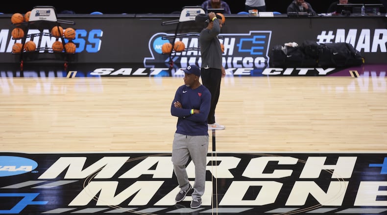 Dayton's Anthony Grant watches practice for the NCAA tournament at the Delta Center in Salt Lake City, Utah, on Wednesday, March 20, 2024. David Jablonski/Staff
