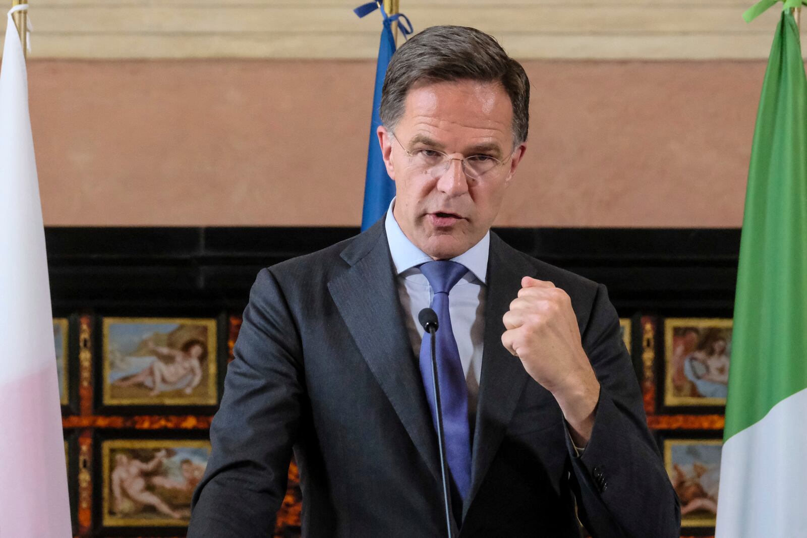 NATO Secretary General Mark Rutte attends the "Weimar Plus" Ministerial meeting in Rome, Thursday, June 12 2025. (Mauro Scrobogna/LaPresse via AP)