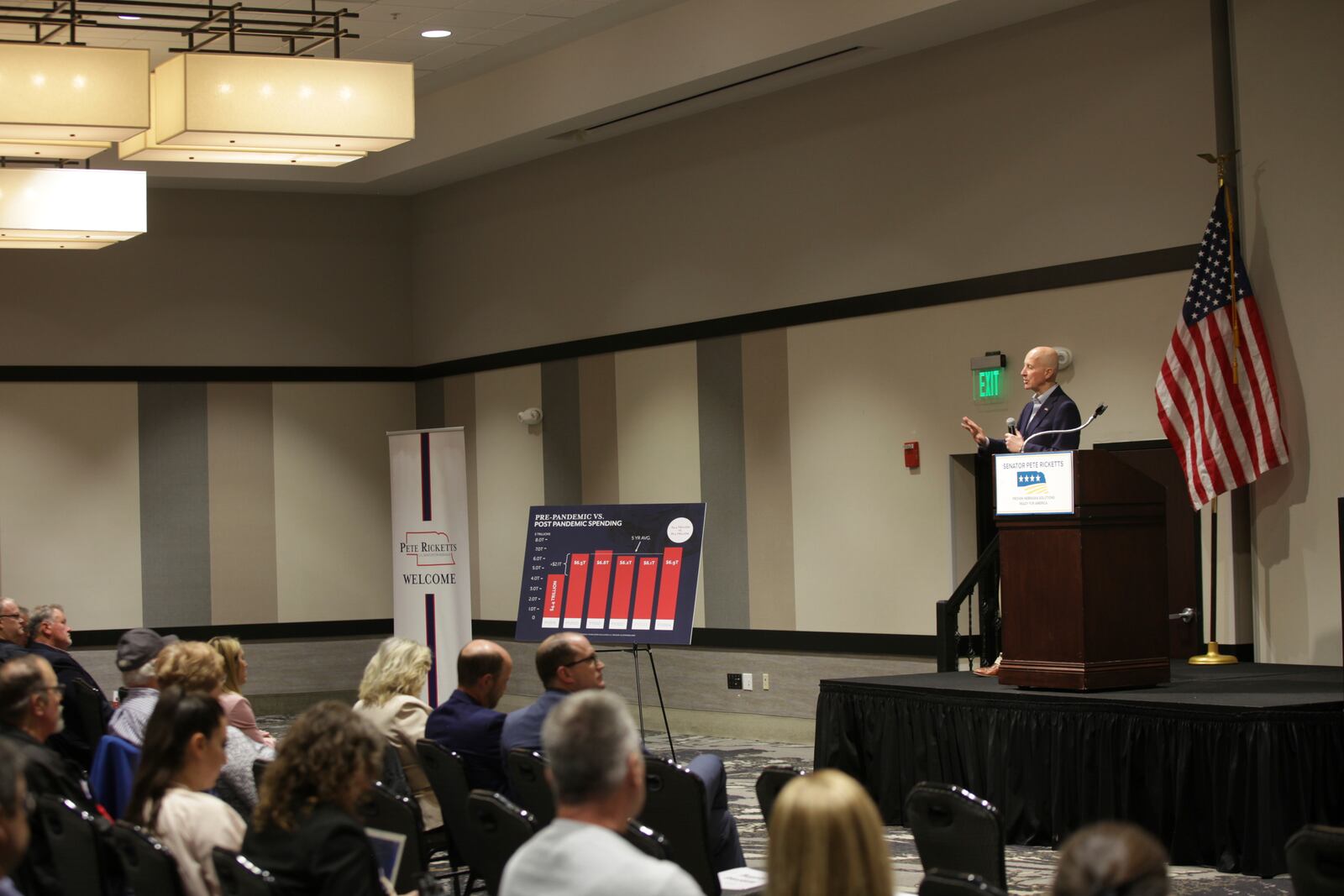 U.S. Sen. Pete Ricketts speaks at a town hall meeting in Kearney, Neb., Thursday, April 24, 2025. (AP Photo/Josh Funk)