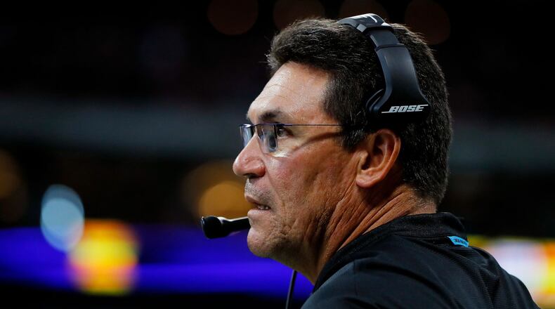 ATLANTA, GA - SEPTEMBER 16: Head coach Ron Rivera of the Carolina Panthers looks on from the sideline during the first half against the Atlanta Falcons at Mercedes-Benz Stadium on September 16, 2018 in Atlanta, Georgia. (Photo by Kevin C. Cox/Getty Images)