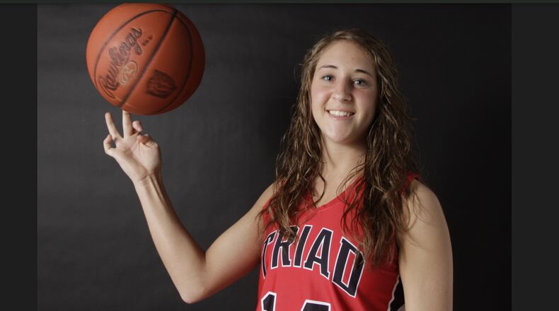 Kelsey Funderburgh of Triad finished her career with 1,631 points and broke 10 other school records. She averaged 8.1 rebounds, 6.4 steals and 3.1 assists this season. Staff photo by Barbara J. Perenic