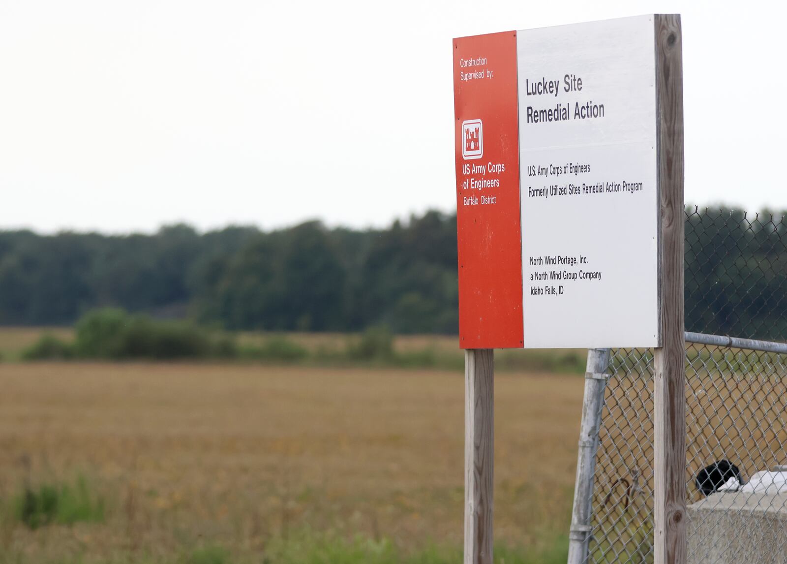 A sign for the U.S. Army Corps of Engineers stands outside the Luckey FUSRAP (Formerly Utilized Sites Remedial Action Program) site near Luckey, Ohio, on Wednesday, Sept. 11, 2024. (Kurt Steiss/The Blade via AP)
