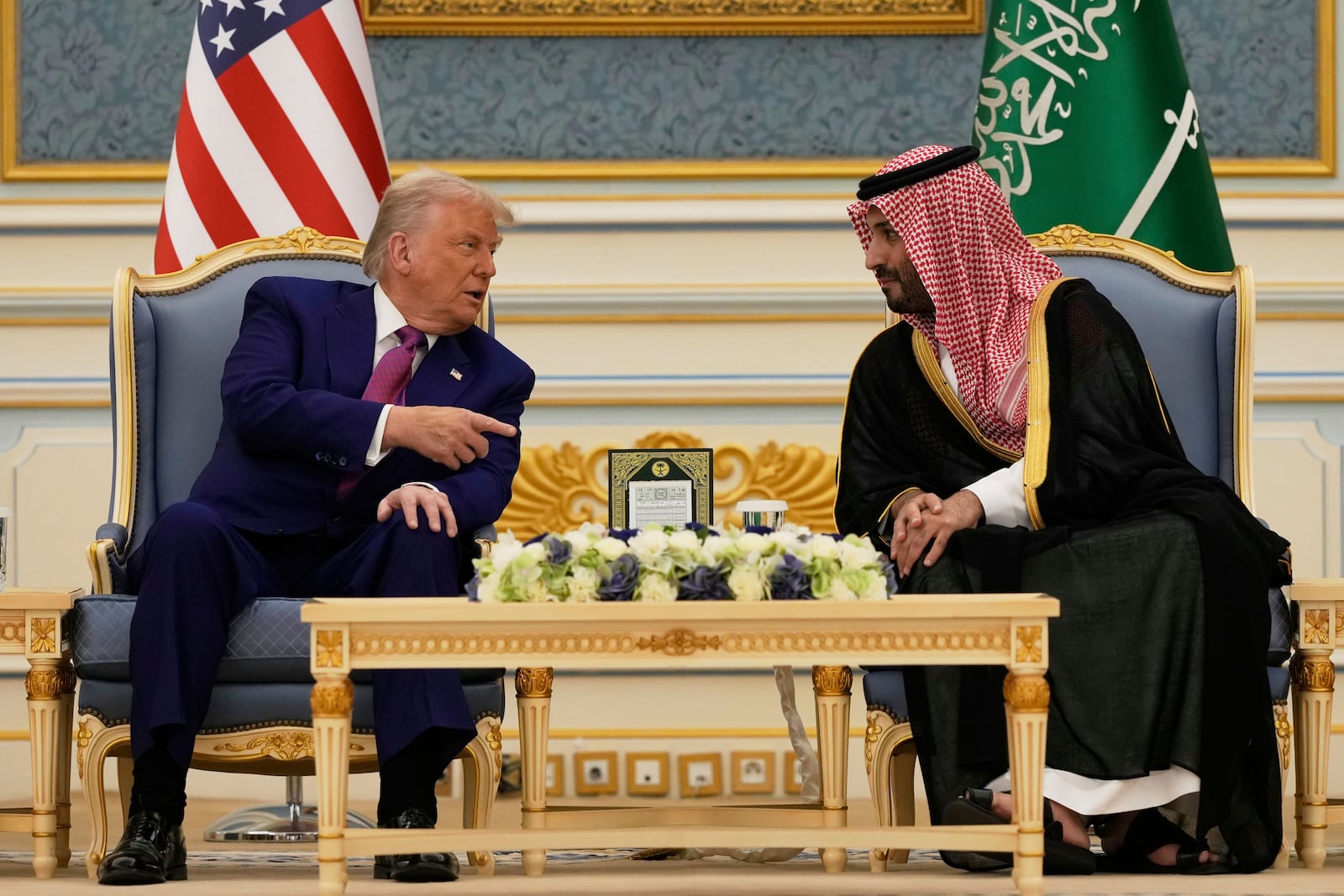 President Donald Trump and Saudi Crown Prince Mohammed bin Salman speak during a meeting at the Royal Palace in Riyadh, Saudi Arabia, Tuesday, May 13, 2025. (AP Photo/Alex Brandon)