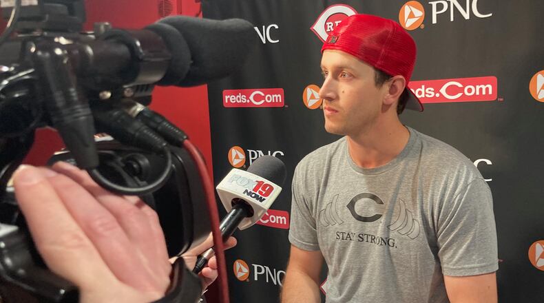Reds reliever Lucas Sims talks to reporters on Friday, April 22, 2022, at Great American Ball Park in Cincinnati. David Jablonski/Staff