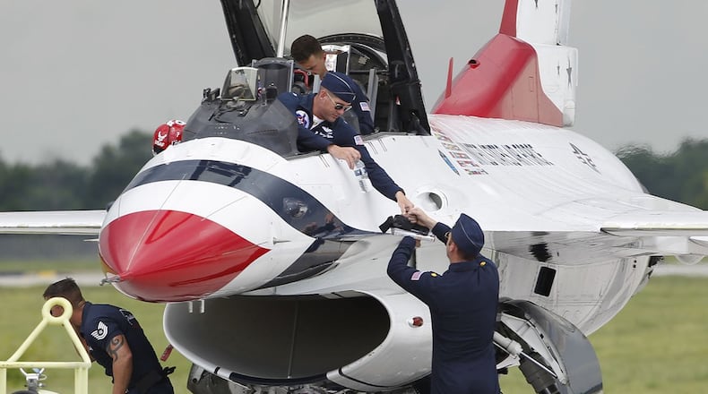 The U.S. Air Force Thunderbirds arrived at the Dayton International Airport on Monday in preparation for the upcoming Vectren Dayton Air Show. TY GREENLEES / STAFF