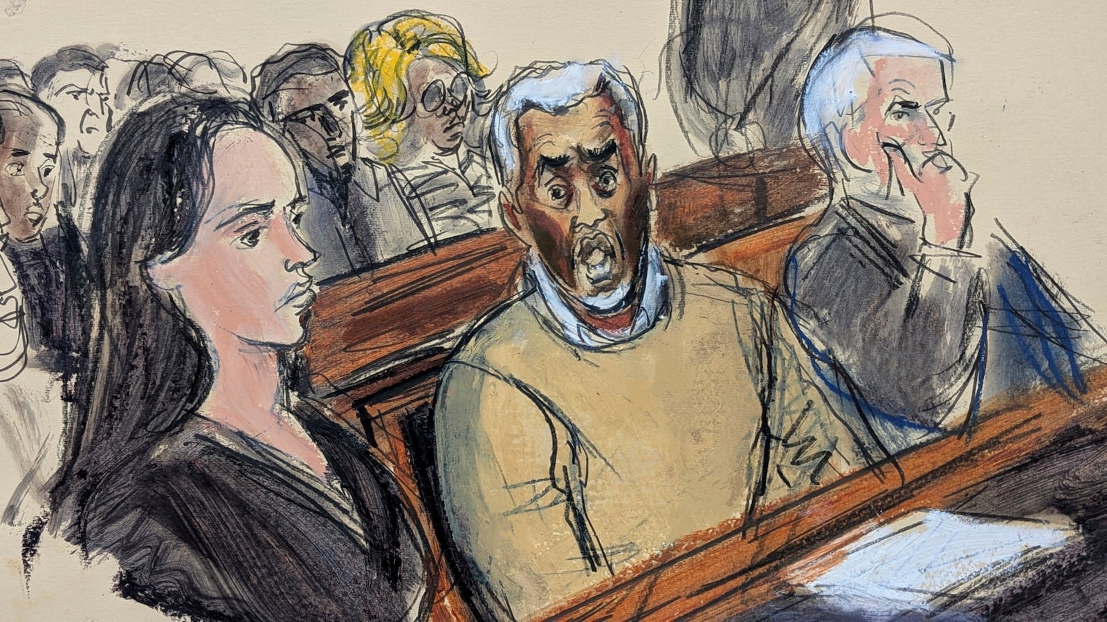 In this courtroom sketch, flanked by defense attorneys Teny Geragos, left, and Brian Steel, right, Sean "Diddy" Combs, center, reacts after he was denied bail on prostitution-related offenses, Wednesday, July 2, 2025, in Manhattan federal court in New York. (Elizabeth Williams via AP)