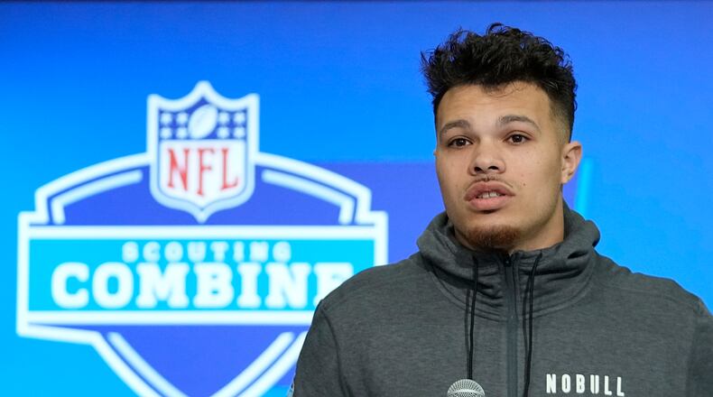 Iowa tight end Erick All speaks during a news conference at the NFL football scouting combine, Thursday, Feb. 29, 2024, in Indianapolis. (AP Photo/Darron Cummings)