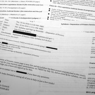 FILE - An email from July 10, 2018, with the syllabus about Supreme Court Justice Neil Gorsuch teaching an upcoming law class in Italy is photographed, July 10, 2023. An Associated Press examination of the ethics practices of the U.S. Supreme Court relied on documents obtained from more than 100 public records requests to public colleges, universities and other institutions that have hosted the justices over the past decade. (AP Photo/Jon Elswick, File)