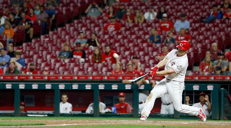 CINCINNATI, OH - SEPTEMBER 7: Scott Schebler #43 of the Cincinnati Reds hits a grand slam off of a pitch by Rowan Wick #40 of the San Diego Padres during the sixth inning of the game at Great American Ball Park on September 7, 2018 in Cincinnati, Ohio. (Photo by Kirk Irwin/Getty Images)