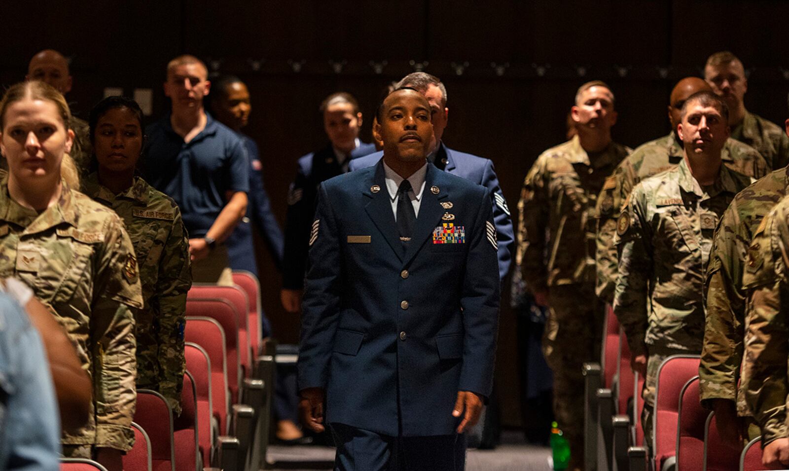 The Community College of the Air Force Wright-Patterson Class of 2022 marches into their graduation ceremony on June 15 at the National Museum of the Air Force. Forty Airmen earned associate degrees from the world’s largest community college system. U.S. AIR FORCE PHOTO/R.J. ORIEZ