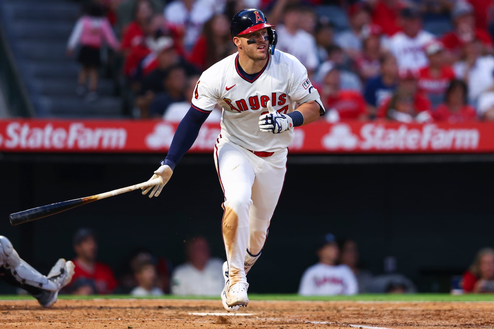 Los Angeles Angels designated hitter Mike Trout drops his bat after hitting a home run during the fifth inning of a baseball game against the Arizona Diamondbacks in Anaheim, Calif., Saturday, July 12, 2025. (AP Photo/Jessie Alcheh)