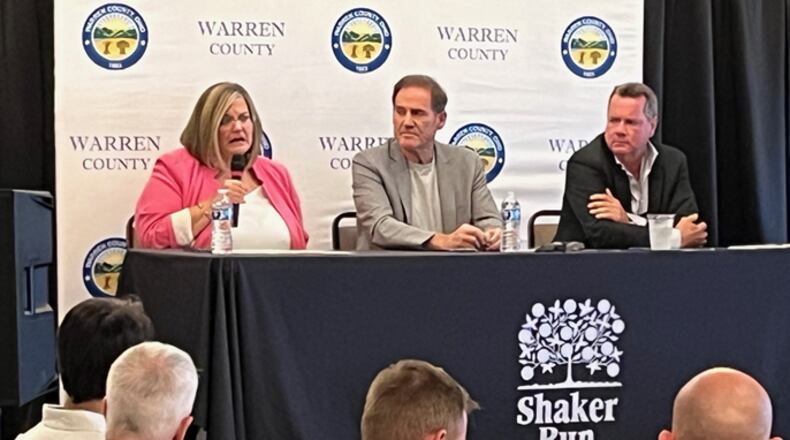 Warren County Commissioners Shannon Jones, Tom Grossmann, and David Young shared county accomplishments from the past year at the annual "State of the County" event Tuesday, April 9, 2024. The meeting was hosted by the Area Progress Council of Warren County at Shaker Run Golf Club. ED RICHTER/STAFF