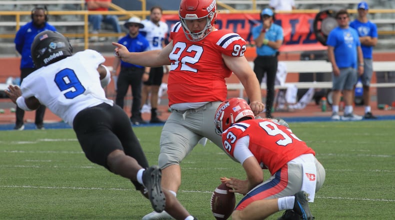 Dayton's Sam Webster kicks a field goal in the third quarter against Eastern Illinois on Saturday, Sept. 11, 2021, at Welcome Stadium. David Jablonski/Staff