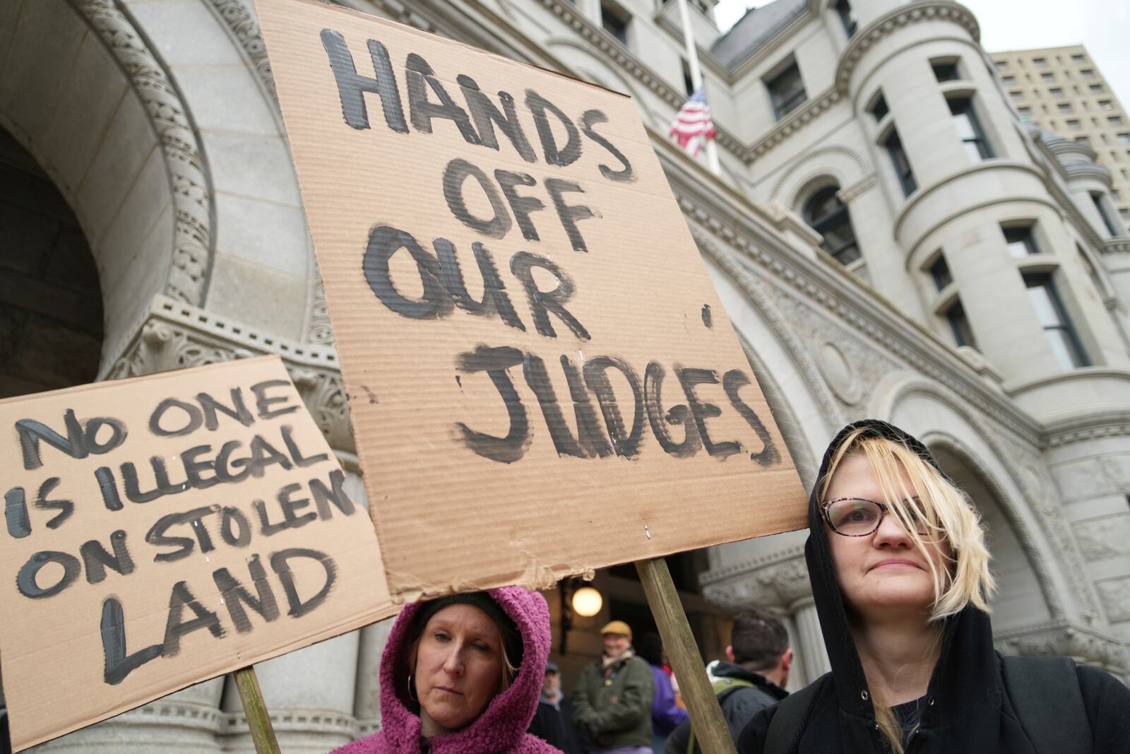 Supporters of Judge Hannah Dugan hold a rally in Milwaukee at the U.S. Courthouse in Milwaukee on Friday, April 25, 2025. (Lee Matz/Milwaukee Independent via AP)