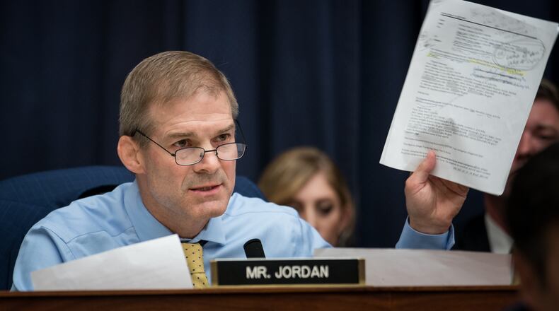 Rep. Jim Jordan (R-Ohio) questions Peter Strzok, the FBI deputy assistant director, at a hearing of the House Committees on the Judiciary and Oversight & Government Reform on Capitol Hill in Washington, July 12, 2018. Strzok, who oversaw the opening of the Russia investigation, mounted an aggressive personal defense, rejecting accusations that he let his private political views bias his official actions and labeling Republican attacks on him another victory notch in Putins belt. (Erin Schaff/The New York Times)