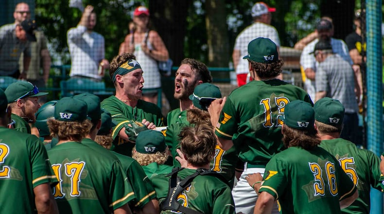Wright State's Andrew Patrick is congratulated by teammates after hitting a three-run, walk-off home run Saturday against Northern Kentucky that clinched the Horizon League regular-season title for the Raiders. Jordan Wommack/Wright State Athletics