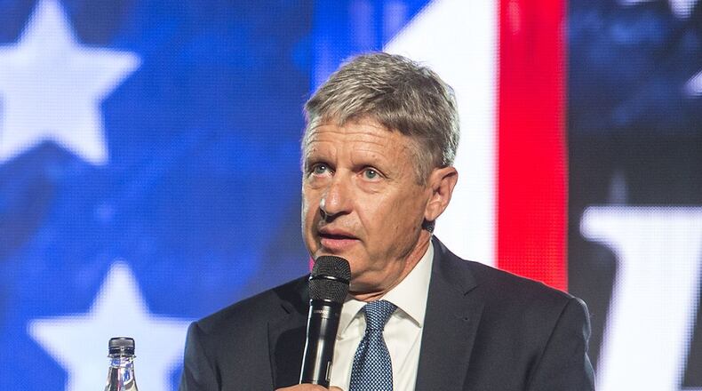 Libertarian candidate for president Gary Johnson delivers remarks at Liberty University on Monday, Oct. 17, 2016 in Lynchburg, Va. (Jay Westcott/The News & Advance via AP)