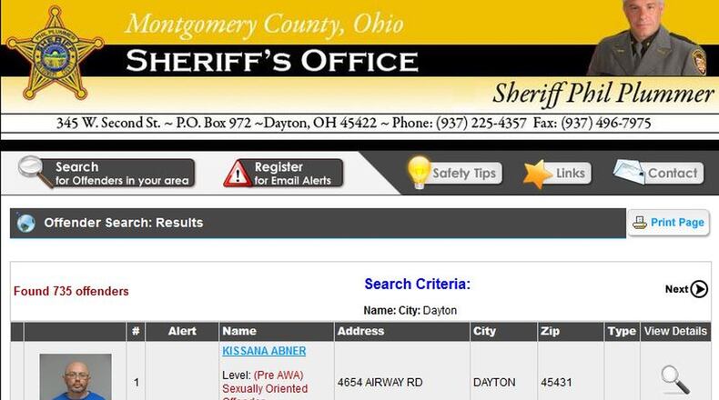 The Montgomery County Sheriff’s website offers a search tool for all sex offenders in the county. There were 735 registered offenders in the city of Dayton as of Friday afternoon.