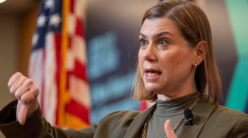 FILE - Sen. Elissa Slotkin, D-Mich., speaks at the Center for American Progress, June 26, 2025, in Washington. (AP Photo/Kevin Wolf, File)