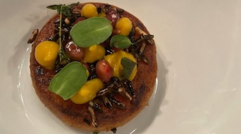 The butternut squash trifecta featured large rounds of squash with a warm squash broth, microgreens and puffed wild rice. CONTRIBUTED