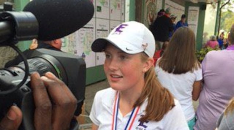 Eaton High School’s Sarah Willis after winning Division II state girls golf championship Saturday, Oct. 15, 2016.