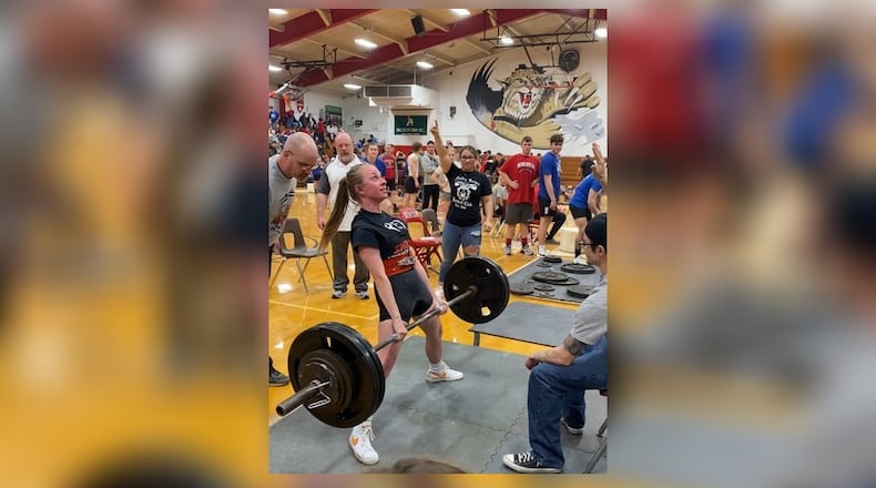 Ayeva Tilley at the moment she set the state deadlift record in Kenton earlier this month. Although the Tippecane High junior weighs less than 115 pounds she deadlifted 305 pounds. CONTRIBUTED